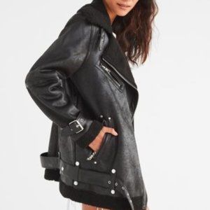 Avec Les Filles Faux Leather Sherpa Biker Jacket in Black Size Small